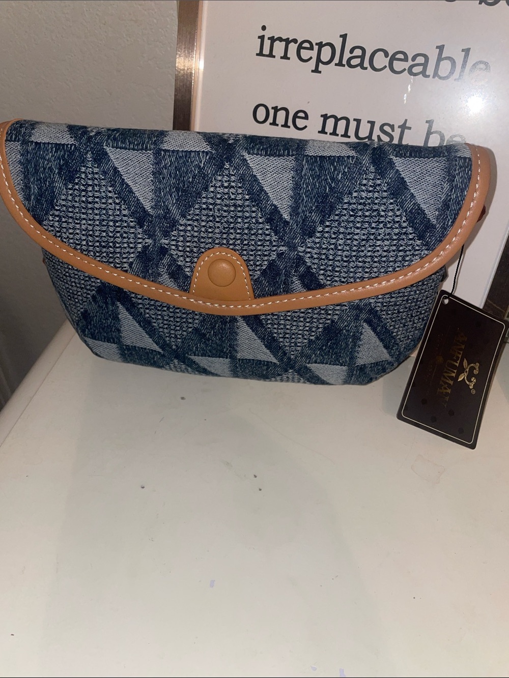 Denim Geometric Crossbody with Tan Trim and Adjustable Strap